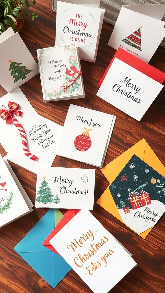 A variety of creative Christmas cards with different designs on a rustic wooden table.